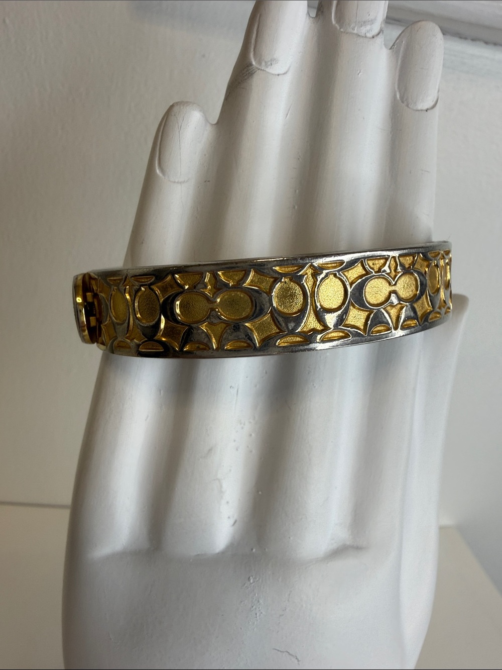 Coach Two-Tone Signature C Enameled Turnlock Hinged Bangle Bracelet